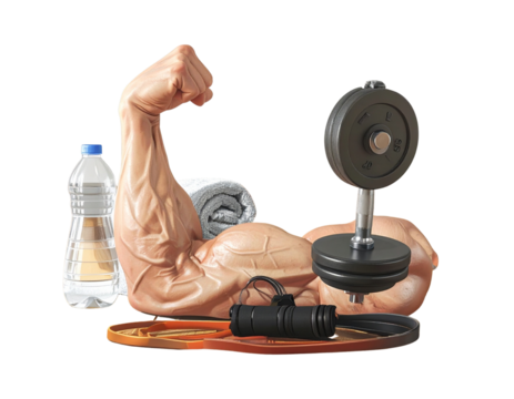 Muscular Arm Flexing with Dumbbell and Gym Accessories – Side View PNG