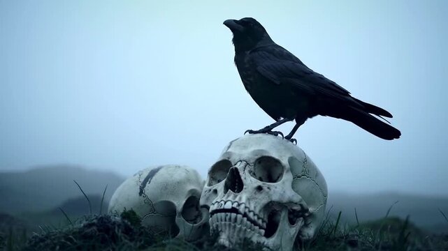 Crow Perched on Skull in Misty Landscape.