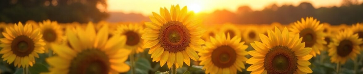 Obraz premium Golden hour sunlight bathes a field of ripe sunflowers, their heavy heads bowing under the weight of summer A vibrant scene of late summer abundance and warmth , nature, vibrant