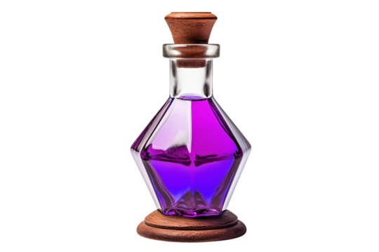 Purple Potion in Glass Decanter with Wooden Cork and Base transparent background png