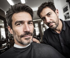 Fototapeta premium Two men in a barbershop, one getting a haircut, showcasing a relaxed and professional atmosphere.