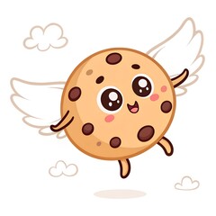 Obraz premium Enchanting Cookie with Wings: A whimsical illustration features a cheerful chocolate chip cookie, complete with endearing eyes and tiny wings.