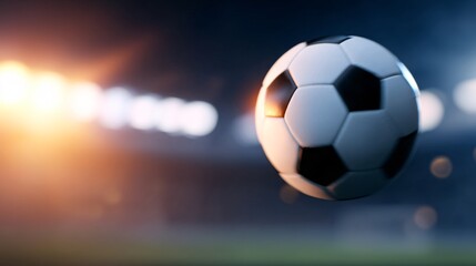 Fototapeta premium ball flying toward camera with blurred background stadium lights