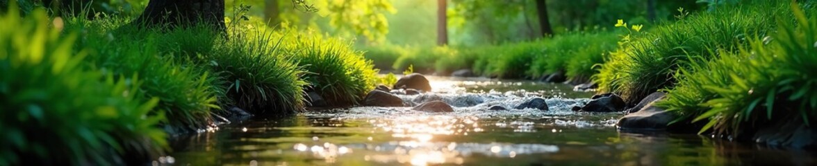 Serene stream flows through lush green landscape, sunlight dappling the water's surface, creating a peaceful and tranquil scene Ideal for nature, serenity, and tranquility themes , green, ecosystem