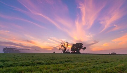Fototapeta premium Serene sunrise over misty fields with distant trees