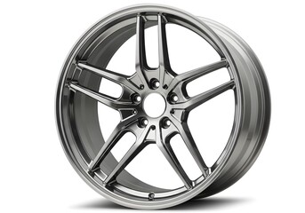 Sleek five-spoke alloy wheel glistens under studio lights, a perfect upgrade for luxury cars and performance vehicles, showcasing modern design