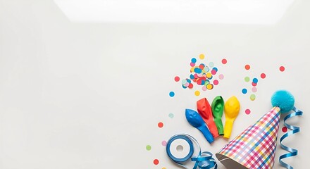 Obraz premium Bright and festive arrangement of party supplies, including a cone hat, colorful balloons, confetti, and ribbon, perfect for celebrating special occasions and holidays