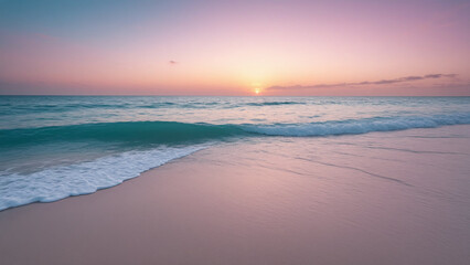 Golden hour sunrise, pink beach, calm ocean wave, serene sky, tropical travel background