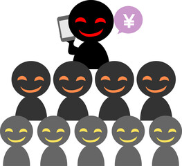 スマホを持つ詐欺師、ピラミッド型の組織図イメージ