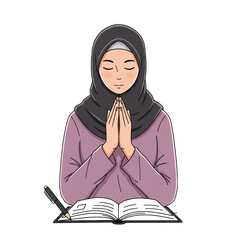 An illustration of a devout Muslim woman wearing a hijab, peacefully praying with her hands clasped over an open book, suggesting deep faith and study.