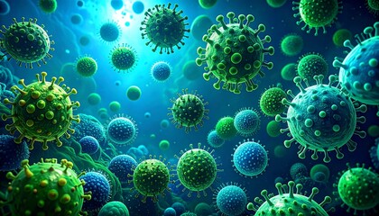 Vivid depiction of microscopic spherical entities with projecting spikes, amidst a swirling blue backdrop suggesting a fluid environment. 