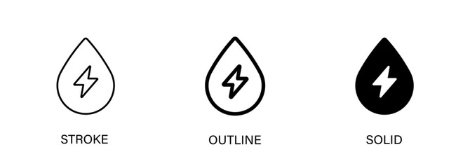 Water drop icon with lightning bolt symbolizing energy, electricity, water, environment. Vector stroke, outline and solid icons.