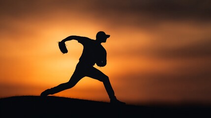 sunset silhouette of pitcher winding up on field