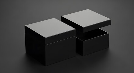 Two Black Square Boxes, One Open, on Dark Surface.