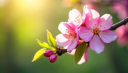 Obraz premium Spring Blossoms Sunlight Filtering Through Delicate Petals, Fresh Green Leaves Unfurling in Vibrant Renewal
