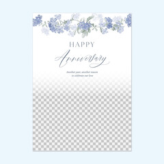Anniversary card template featuring a delicate watercolor illustration of Cape leadwort flowers, with space for a photo on a white background
