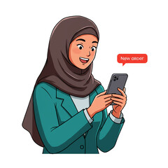 A young Muslim businesswoman in a hijab and blazer joyfully receives a new order notification on her smartphone, illustrating successful online entrepreneurship.