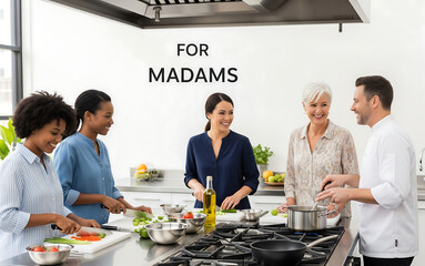 笑顔で料理を楽しむマダムたちとシェフ、モダンな料理教室の風景