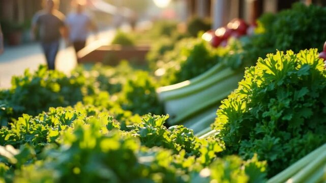 Fresh greens at local market in afternoon sun