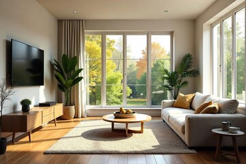 Fototapeta premium Cozy living room interior with comfortable furniture, natural light streaming through large windows, and stylish decor Perfect for relaxation and family gatherings , comfortable, cozy, lamp