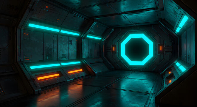Futuristic sci fi corridor with octagonal portal and neon lighting