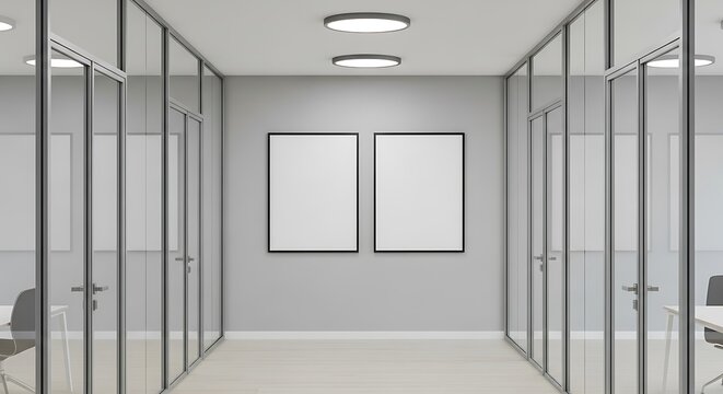 Modern Office Hallway with Glass Partitions and Blank Posters.