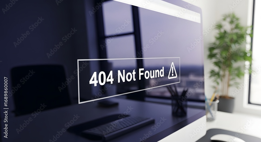 Poster a computer monitor displays a 404 error message, indicating a webpage not found, on a desk.