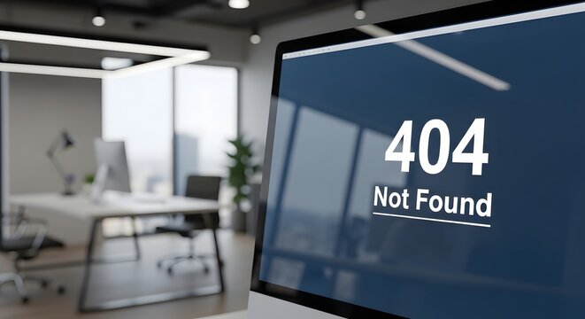 A computer screen displaying a 404 error message in a modern office setting. - Powered by Adobe