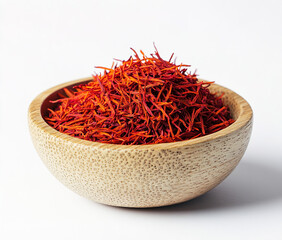 Fototapeta premium saffron thread in the wooden plate, isolated on the white background.