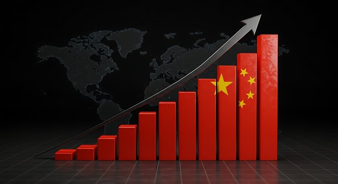 Dynamic China economic growth chart with upward arrow and world map