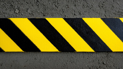 Fototapeta premium Diagonal black and yellow warning stripes painted on rough textured surface. 