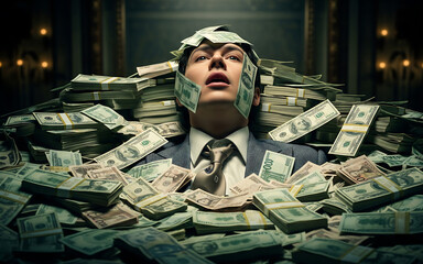 札束の海に溺れる、苦悩の表情を浮かべた大富豪