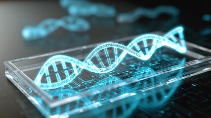 Holographic DNA strand glowing blue above transparent platform with digital circuit background showcasing futuristic science and technology concepts - Powered by Adobe