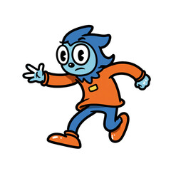Obraz premium A blue, furry cartoon character with wide, startled eyes runs away in an orange sweater, its hand outstretched in a gesture of alarm, fear, or urgency.