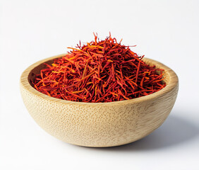 Fototapeta premium saffron thread in the wooden plate, isolated on the white background.