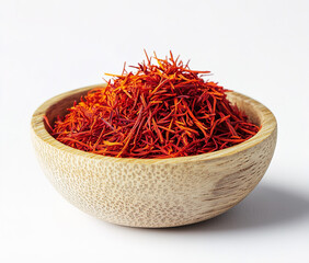 Fototapeta premium saffron thread in the wooden plate, isolated on the white background.