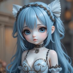 Elegant Anime Doll with Blue Hair and Fantasy Outfit