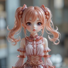 Elegant anime doll with peach twin tails and ornate dress