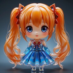 Orange-haired anime doll in blue dress with kawaii style