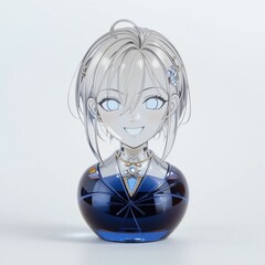 Figura de cristal anime con cabello plateado y sonrisa brillante