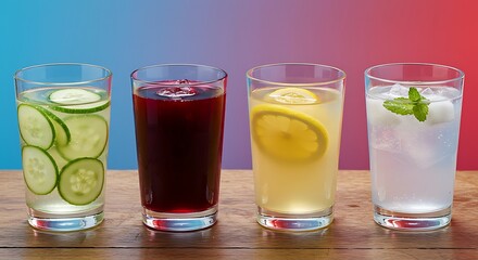 Fototapeta premium Refreshing drinks variety with cucumber, berry, lemon, and mint on wood