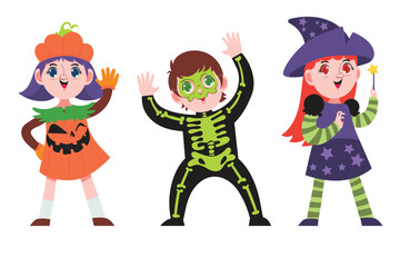 Charming children dressed as pumpkin, skeleton, and witch for Halloween celebration. Perfect for seasonal designs, party graphics, trick or treat themes, and autumn projects