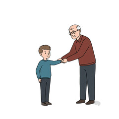 A heartwarming illustration of a loving grandfather holding his young grandson's hand, showcasing a strong family bond and intergenerational connection.