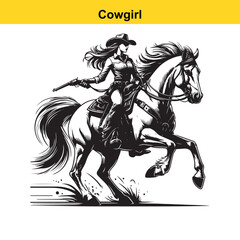 Obraz premium Grace in Motion – Western Horsewoman Riding with Power and Poise in Vintage Ink Detail