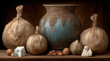 Traditional artisan crafts handcrafted pottery display artisan market decorative objects rustic setting close-up cultural heritage