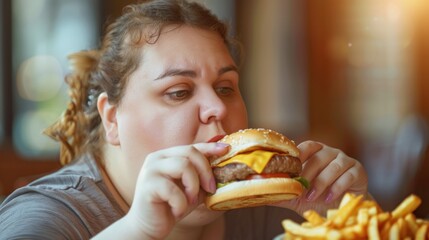 Woman eating hamburger and fries