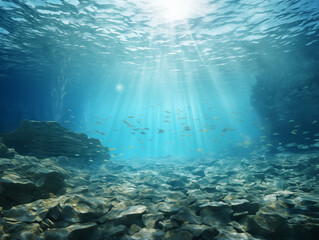 Underwater Scene: Sunbeams Illuminating Ocean Floor with Rocks and Fish transparent background png