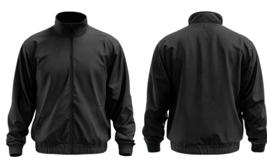 Full view of a dark gray zip-up jacket.  Front and back are shown
