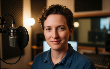 録音スタジオのマイク前で微笑む、プロフェッショナルな声優のポートレート