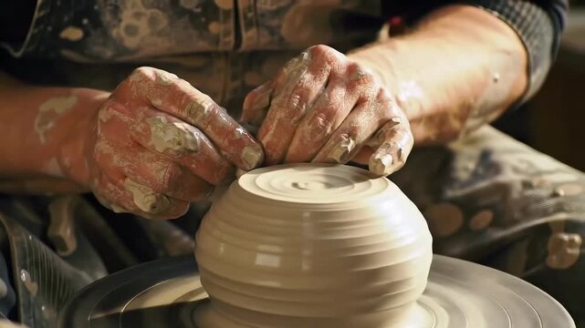 Skilled Potter Shaping Clay Bowl on Spinning Wheel